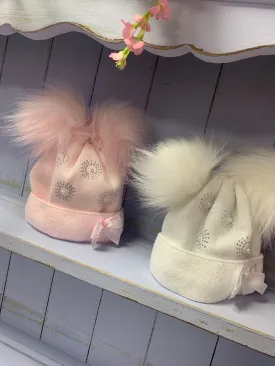 Double Pom Sparkly Pearl Dazzle Fur Pom Hat