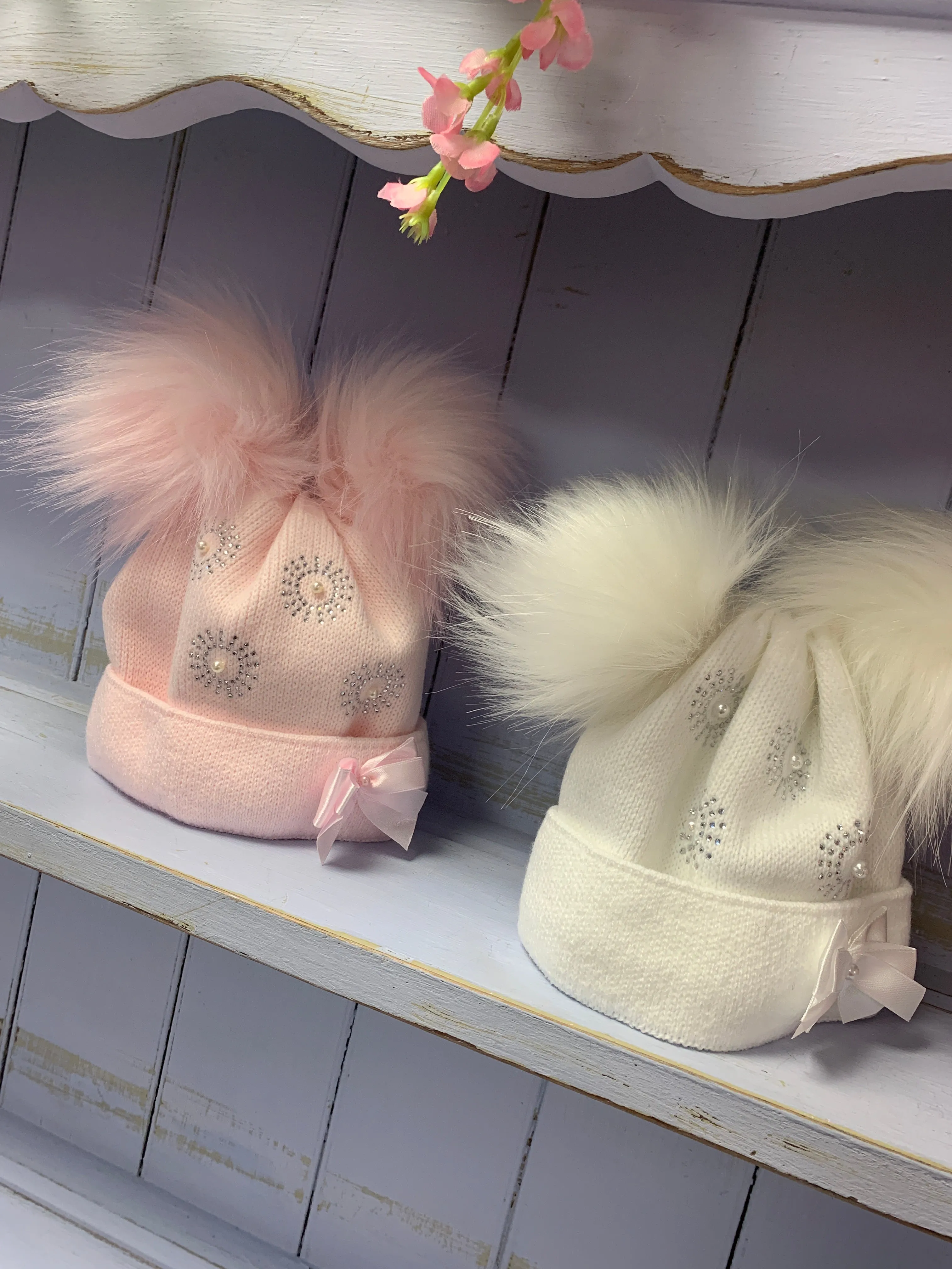 Double Pom Sparkly Pearl Dazzle Fur Pom Hat