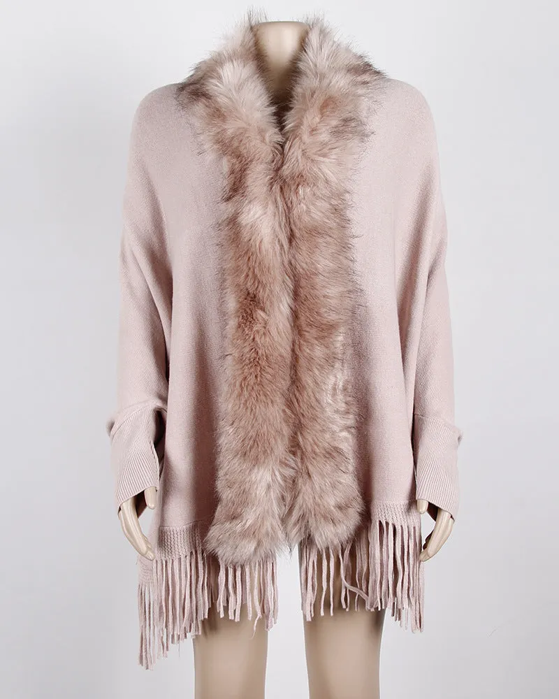 Faux Fur Collar Long Sleeve Large Wrap Scarf