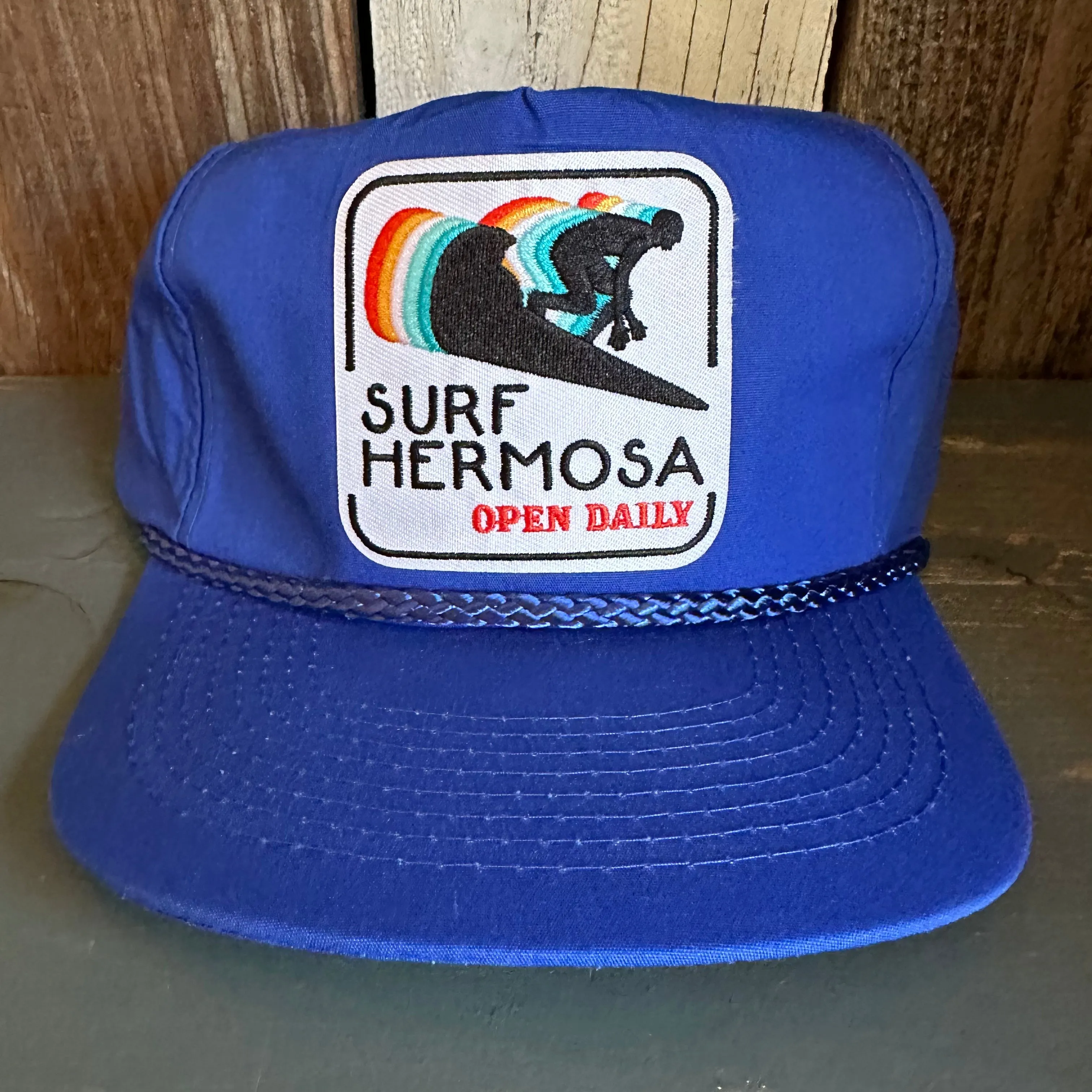 Hermosa Beach SURF HERMOSA :: OPEN DAILY 5 Panel Leather Strap Golf Cap - Royal Blue