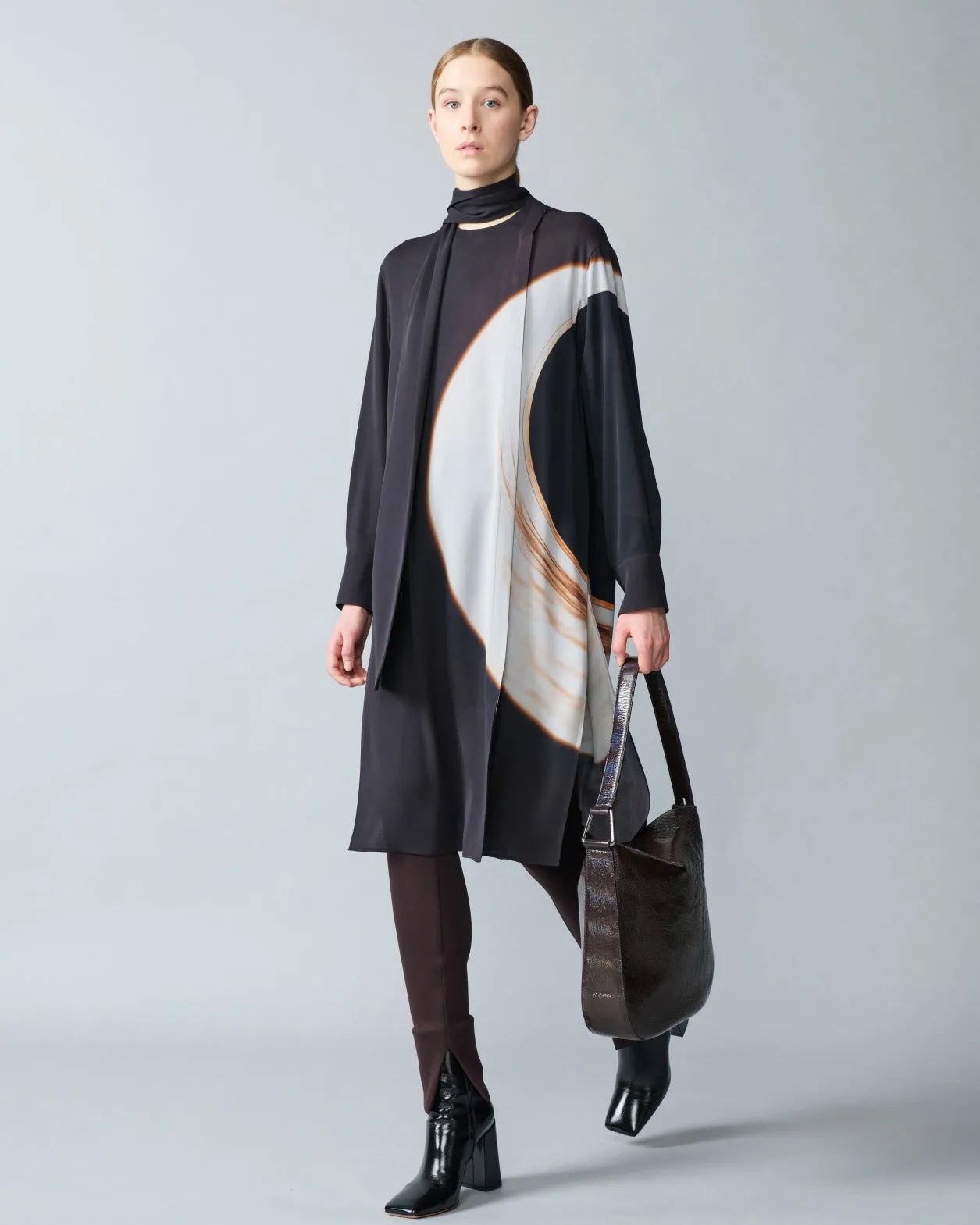 Long Silk Crpe Tunic with Mocca Loop Print