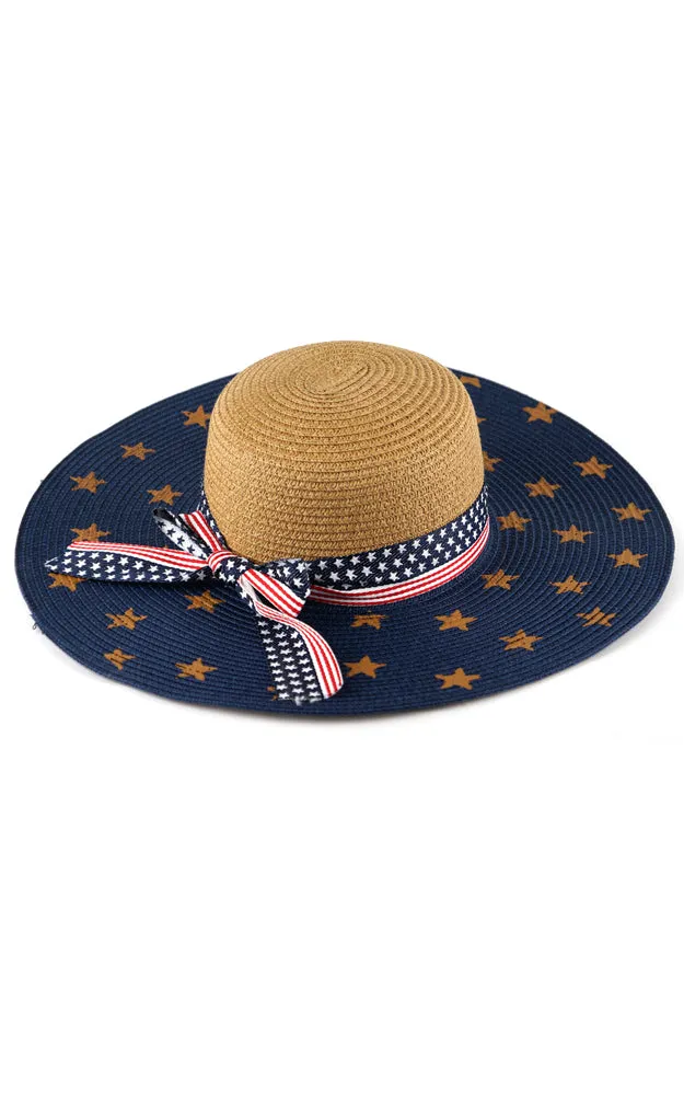 MH0026 American Flag Summer Straw Floppy Beach Sun Hat