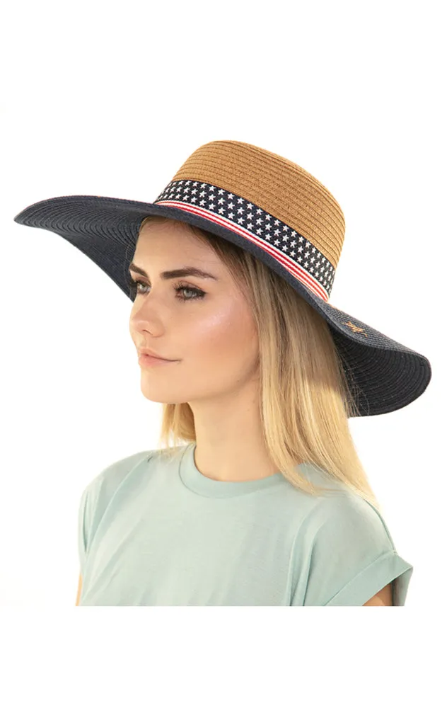 MH0026 American Flag Summer Straw Floppy Beach Sun Hat