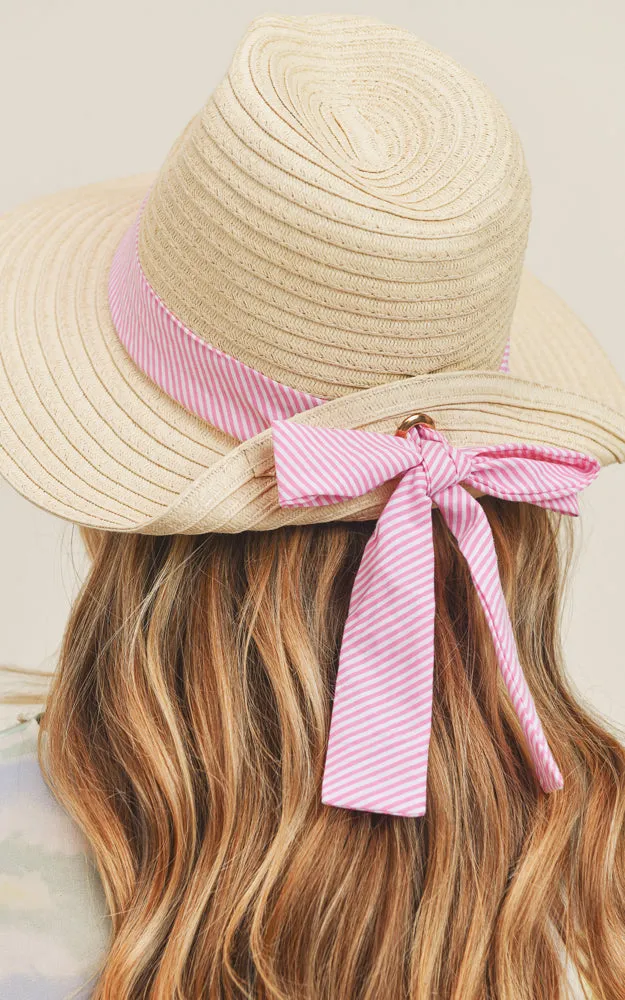 MH0064 Fold Striped Bow Summer Straw Floppy Beach Sun Hat