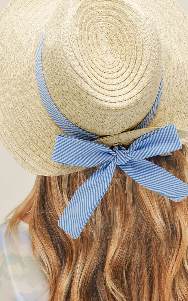 MH0064 Fold Striped Bow Summer Straw Floppy Beach Sun Hat