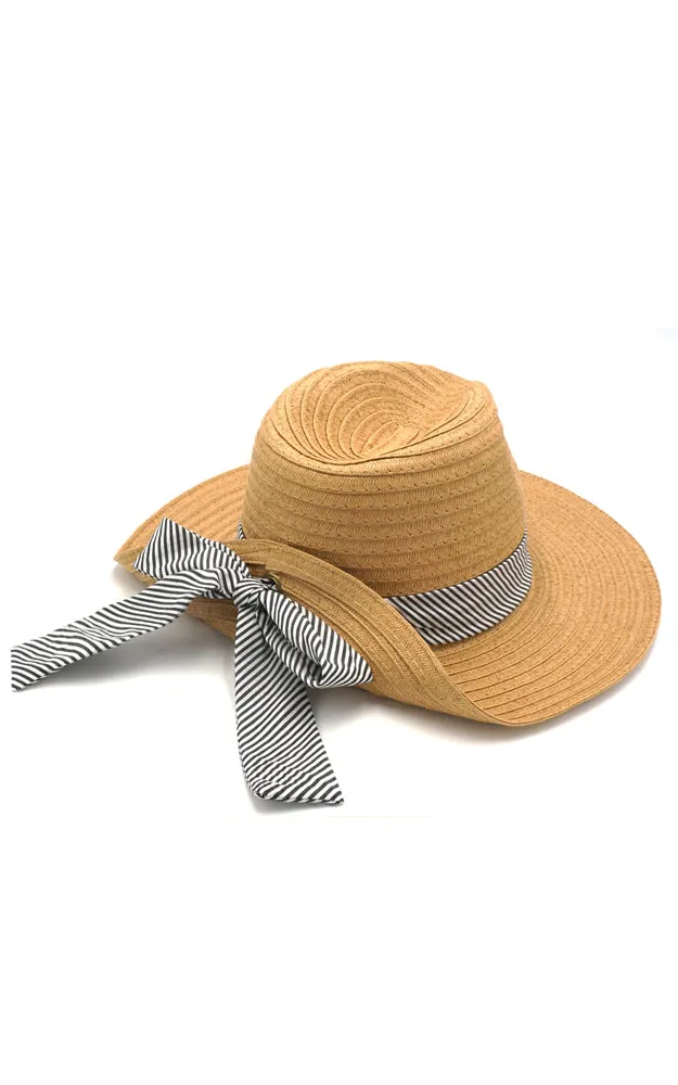 MH0064 Fold Striped Bow Summer Straw Floppy Beach Sun Hat