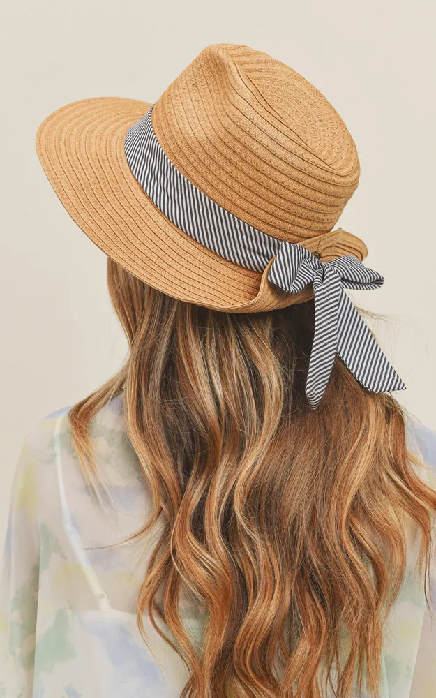 MH0064 Fold Striped Bow Summer Straw Floppy Beach Sun Hat