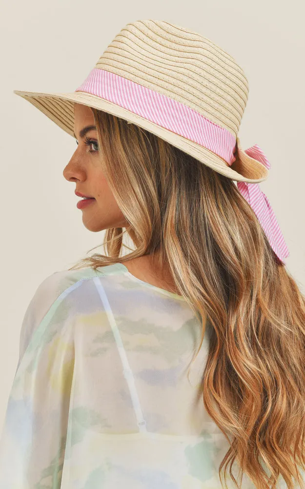 MH0064 Fold Striped Bow Summer Straw Floppy Beach Sun Hat