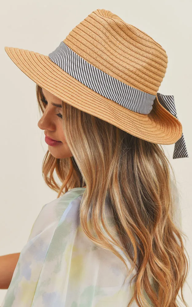 MH0064 Fold Striped Bow Summer Straw Floppy Beach Sun Hat