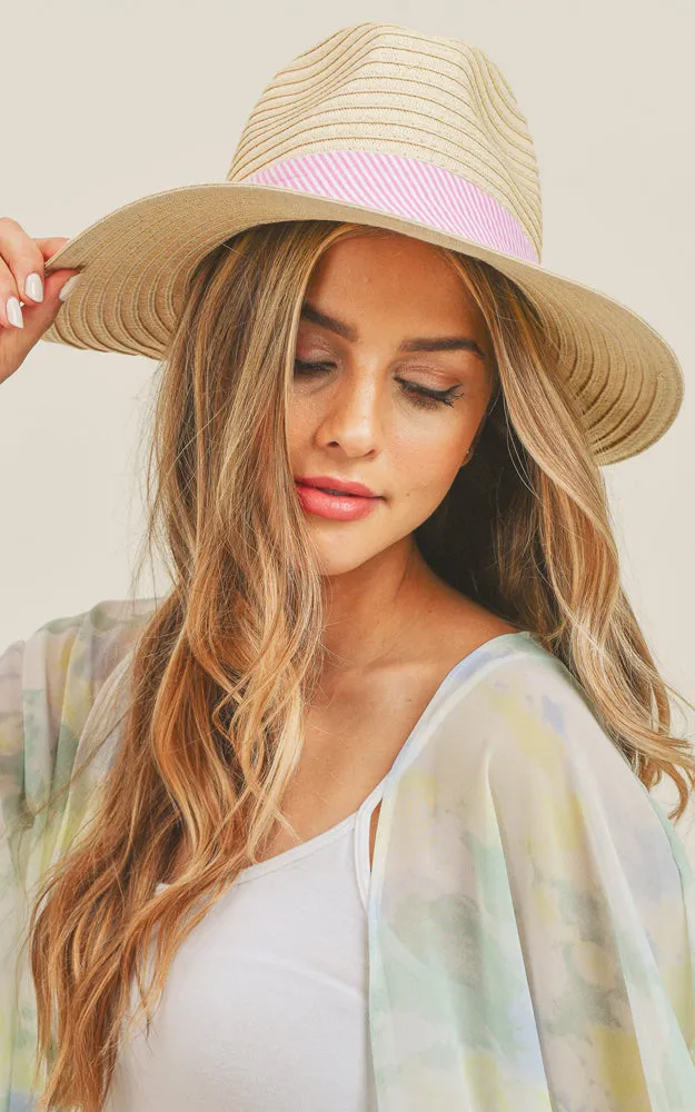 MH0064 Fold Striped Bow Summer Straw Floppy Beach Sun Hat