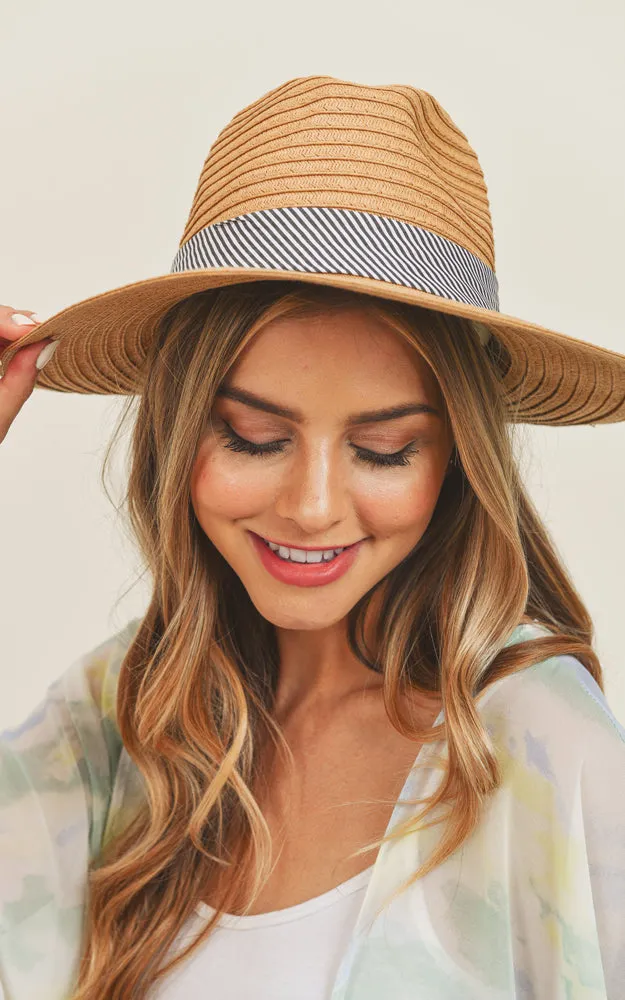 MH0064 Fold Striped Bow Summer Straw Floppy Beach Sun Hat