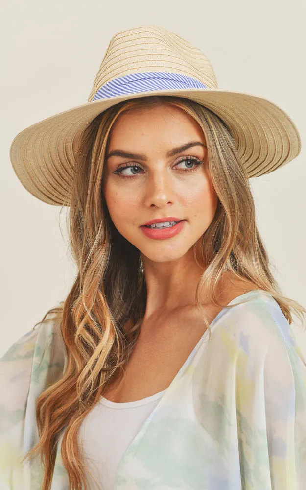 MH0064 Fold Striped Bow Summer Straw Floppy Beach Sun Hat