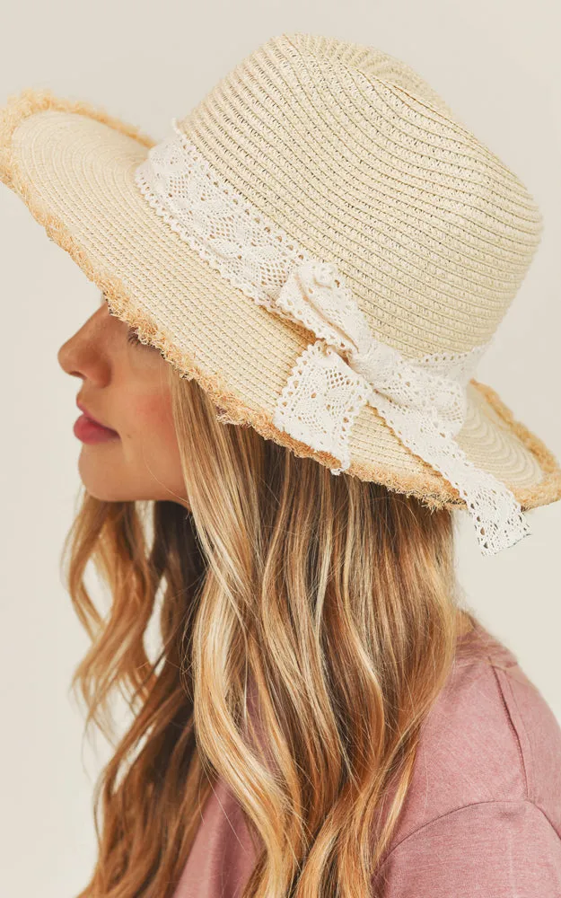 MH0067 Frayed Trim Lace Bow Straw Hat