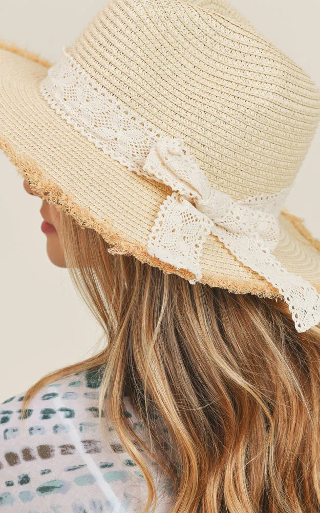 MH0067 Frayed Trim Lace Bow Straw Hat