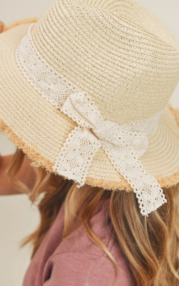 MH0067 Frayed Trim Lace Bow Straw Hat