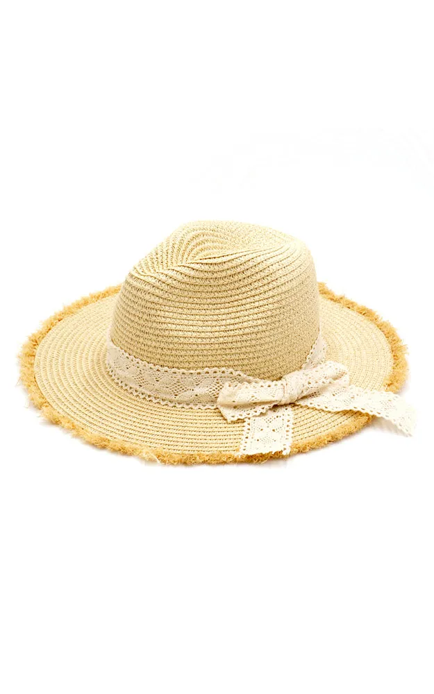 MH0067 Frayed Trim Lace Bow Straw Hat