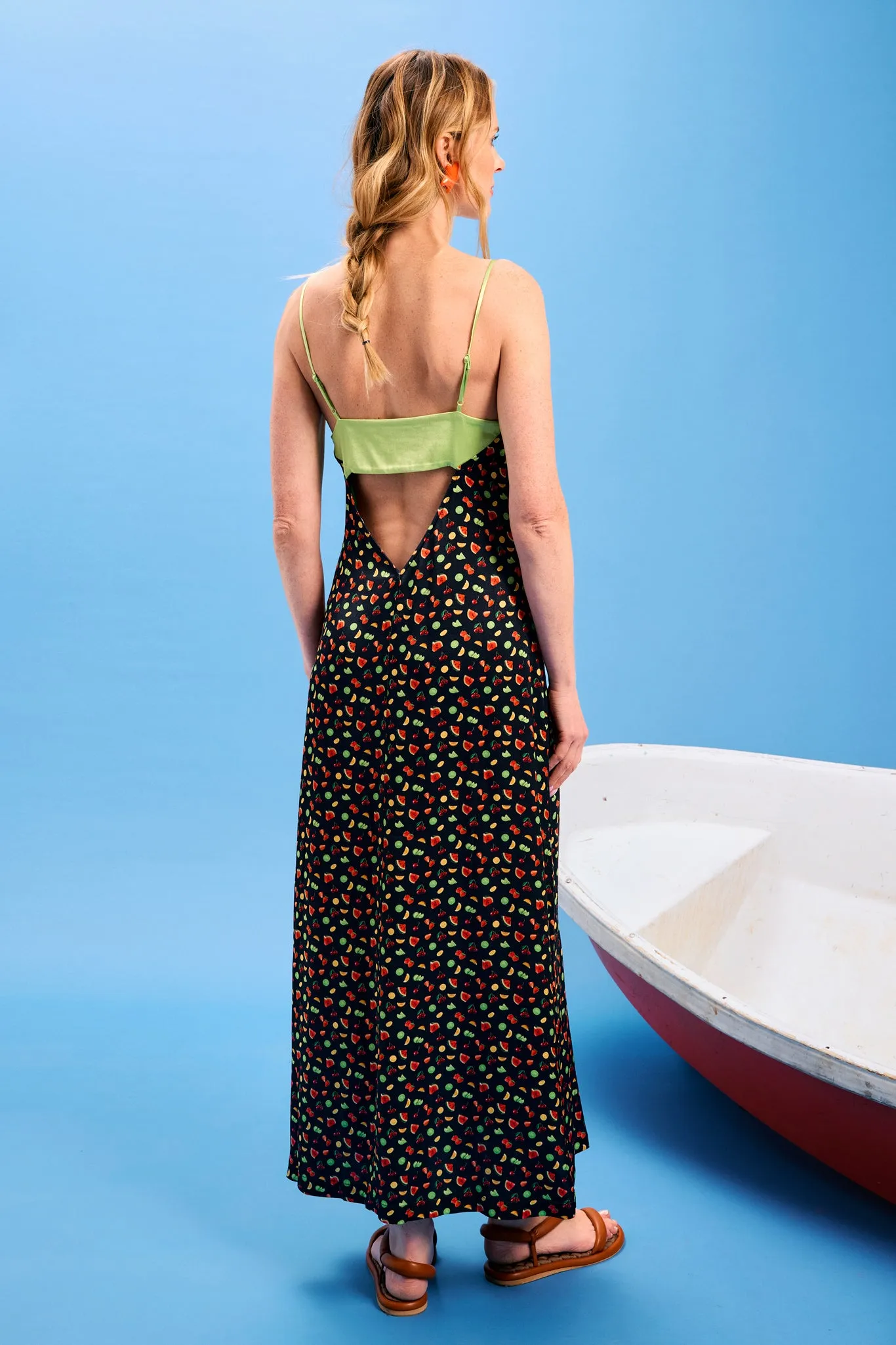 Silky V-Neck Dress in Black Fruit Salad & Chartreuse Colorblock