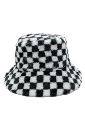 WHU220068 Check Pattern Soft Faux Fur Bucket Hat